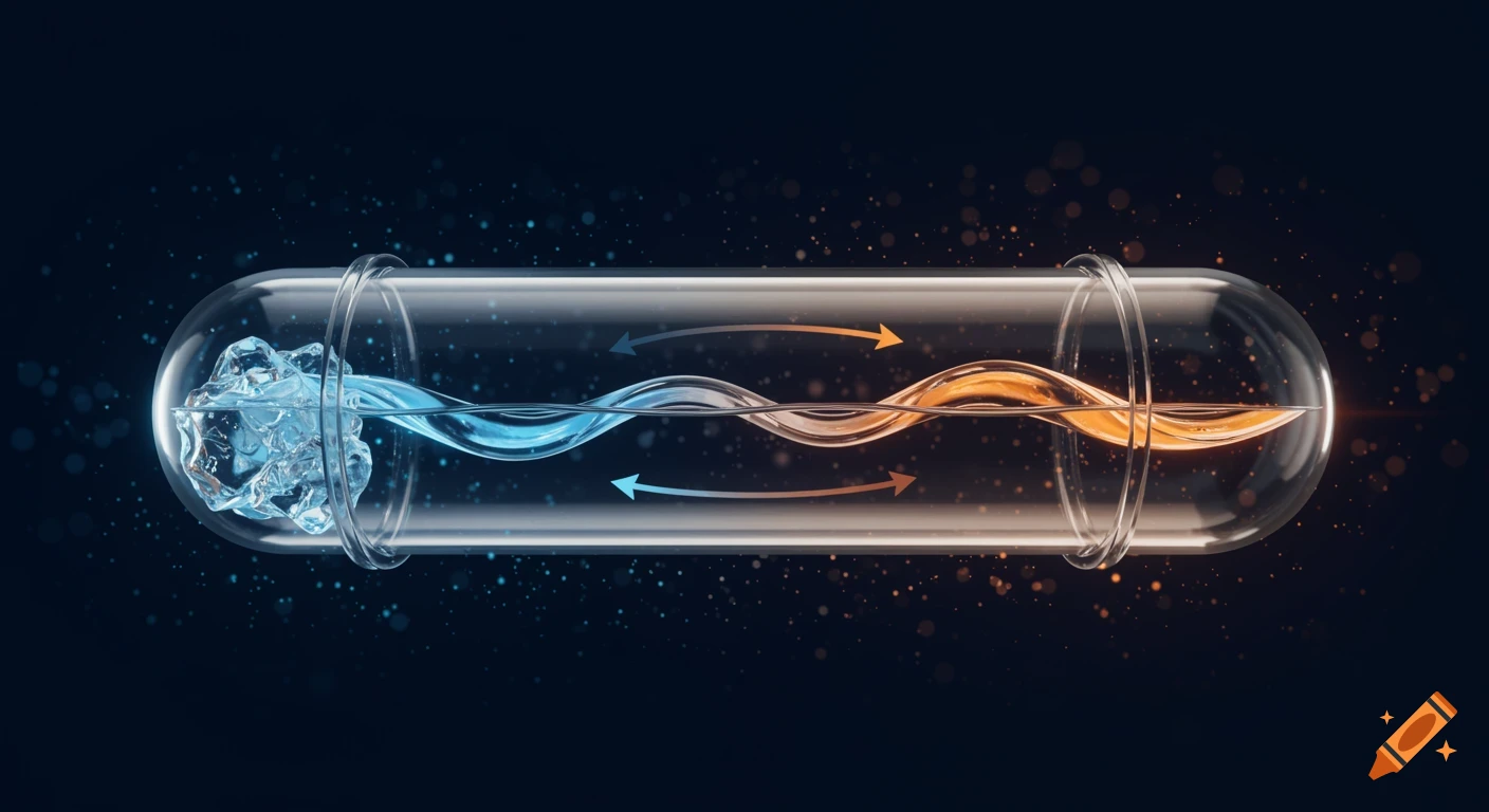 A sleek 3D illustration of a horizontal transparent tube with blue and orange liquids flowing in opposite directions, representing a heat exchange system.