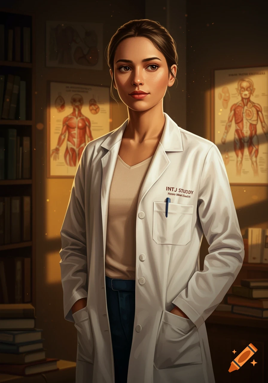 A photorealistic portrait of a young female medical student in a lab coat standing in a dimly lit office with anatomical charts.
