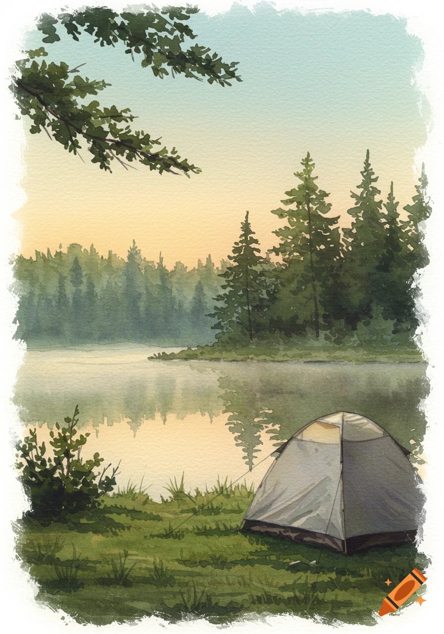 A tranquil watercolor painting of a tent pitched by a calm lake with reflections of pine trees under a sunrise or sunset sky.