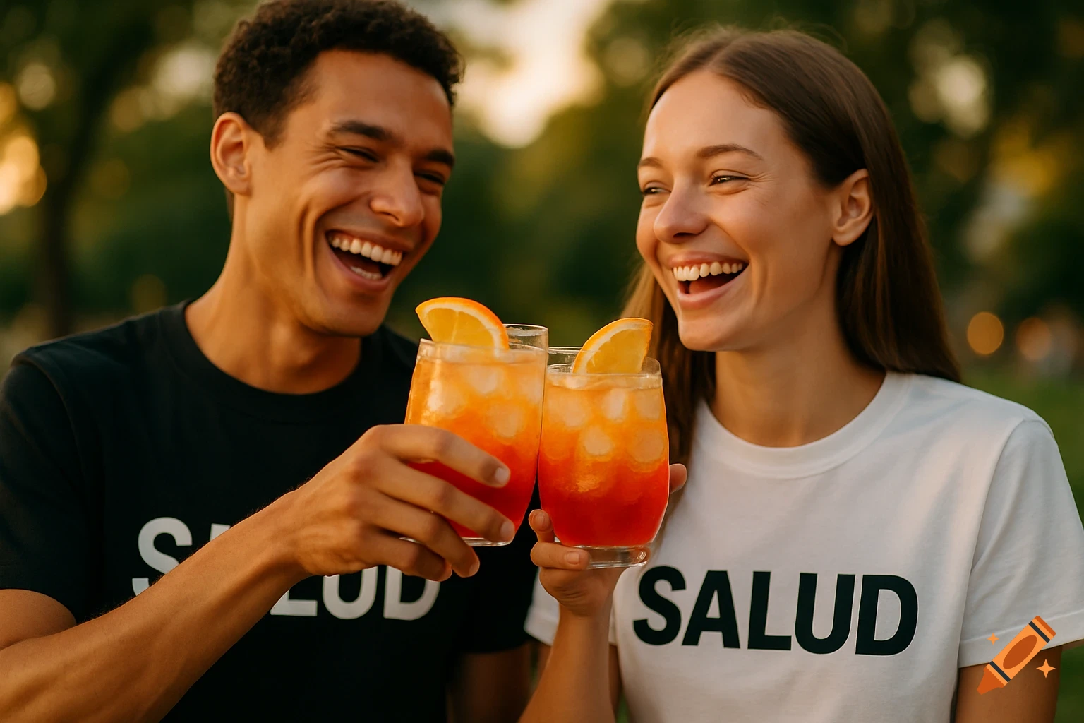 Two happy people smiling and clinking glasses filled with colorful mocktails outdoors in a warm golden-hour glow, both wearing 'SALUD' t-shirts.