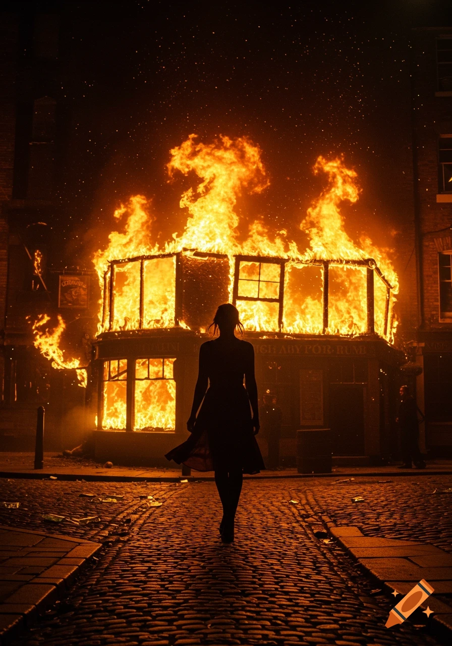 A silhouetted woman walks away from a burning building on a cobblestone street at night.