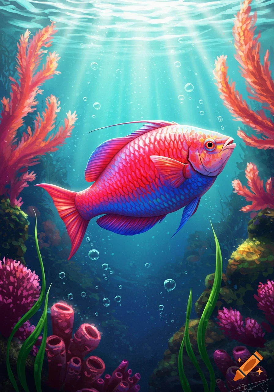 A vibrant red and blue fish swims in clear blue water surrounded by coral reefs and sunlight rays.