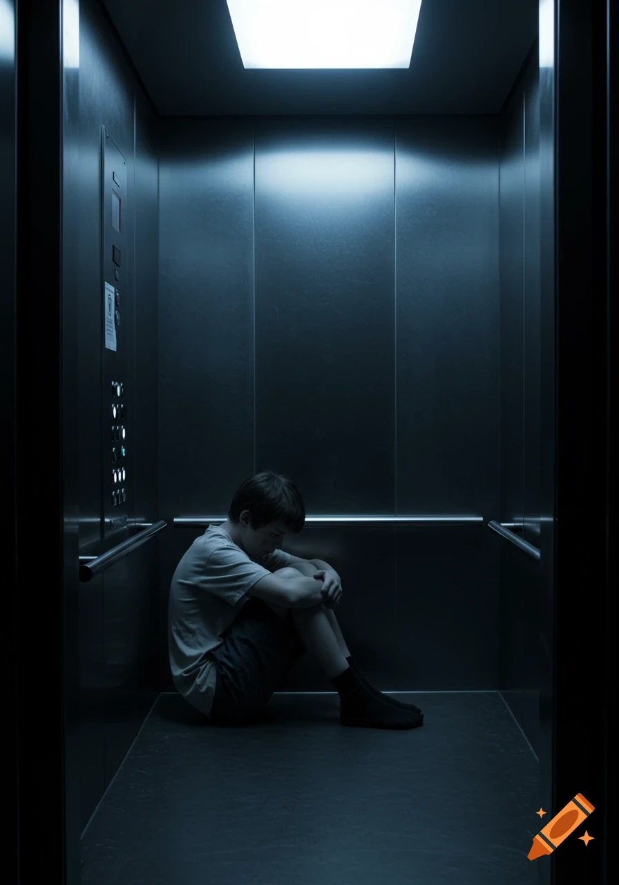 A lonely boy in a light grey shirt and dark shorts, sits curled up on the floor of a dimly lit metal elevator, appearing distressed.