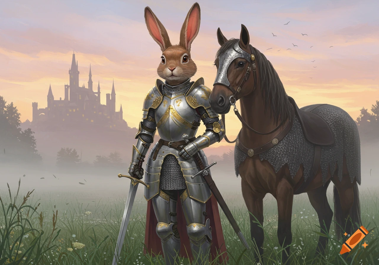 A rabbit in silver knight armor stands in a grassy field with a horse ...