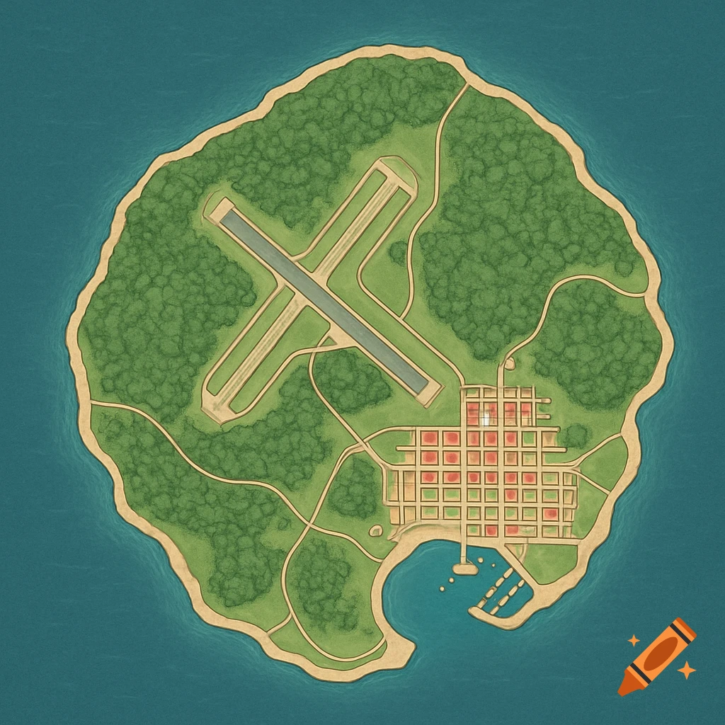 A top-down illustrative map of an island featuring an airport, forested areas, roads, a grid-patterned township, and a harbor.