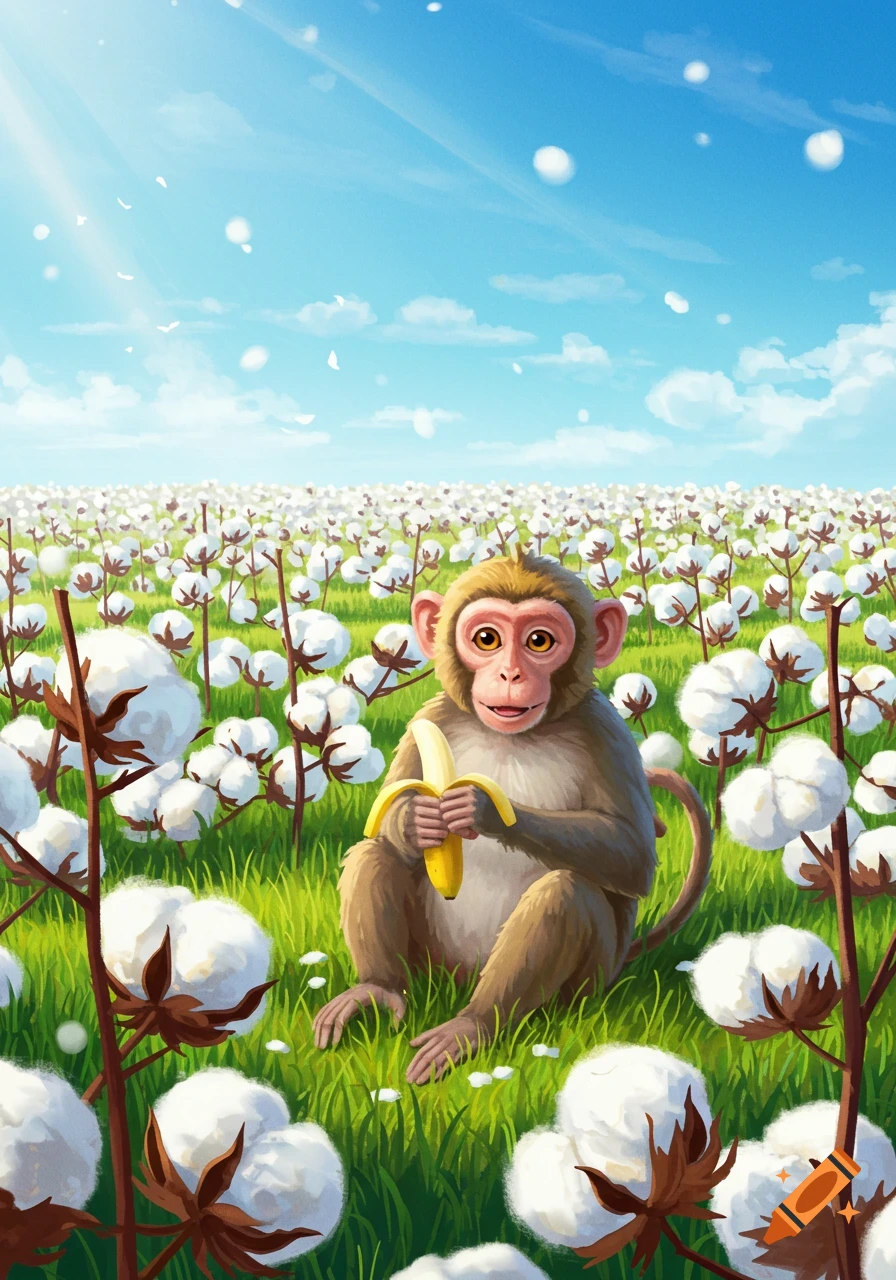 An illustration of a monkey holding a peeled banana, sitting in a cotton field under a blue sky.