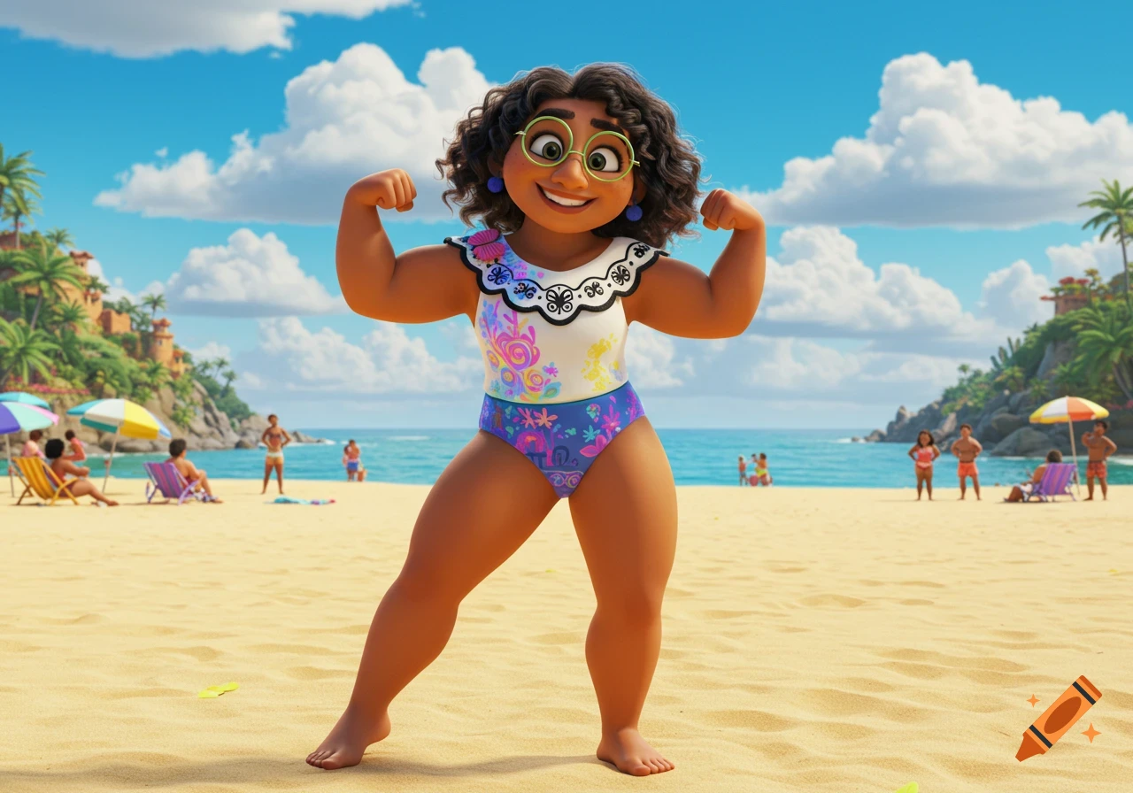 A 3D cartoon of Mirabel from Encanto in a swimsuit flexing her muscles on a sunny beach.