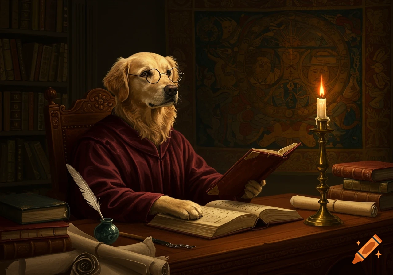 A Golden Retriever wearing glasses and a maroon robe sits at a wooden desk, reading an open book by candlelight in a study.