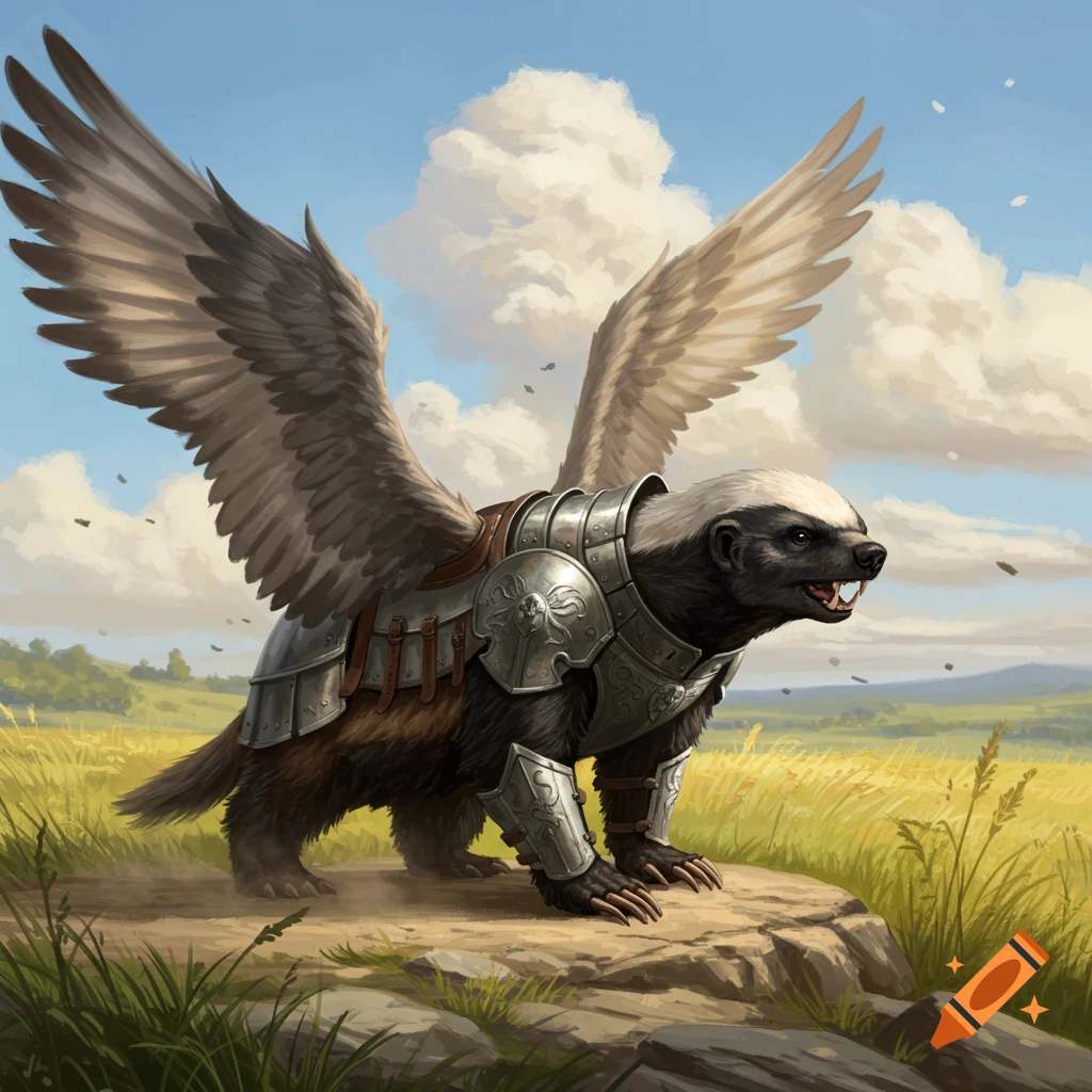 A honey badger wearing silver armor and large wings stands on a rock in a grassy field under a cloudy sky.