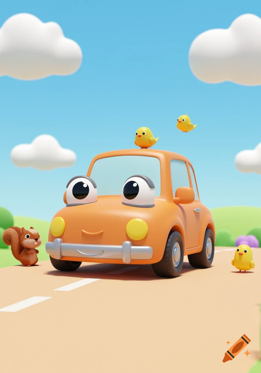 A cheerful orange cartoon car with large eyes, a squirrel, and yellow birds on a sunny road with clouds.