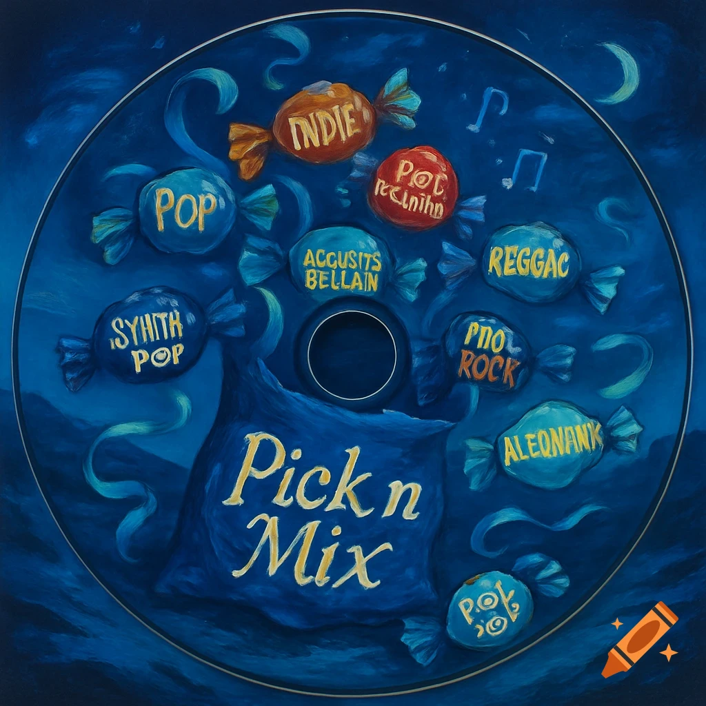 A dark blue, painterly CD-shaped album cover features a bag of sweets labeled 'Pick n Mix'. Wrapped candies with various music genres like 'Pop' and 'Indie' float around it, with music notes and crescent moons in the background.