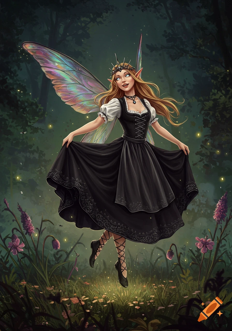 A beautiful fairy with long blonde hair and iridescent wings floats in a dark forest, wearing a black dirndl dress.