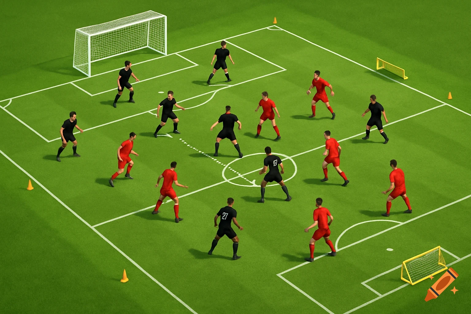 Overhead view of a soccer field with players in black and red jerseys arranged in a drill formation for training.