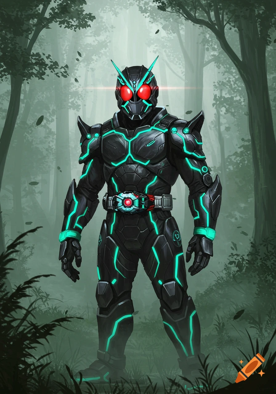 A superhero in a black armored suit with glowing green lines and red eyes stands in a dark, misty forest.
