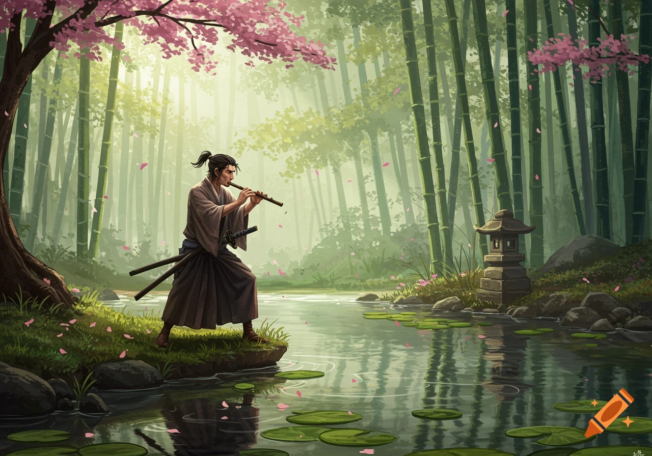 An illustrated ronin plays a bamboo flute by a river in a cherry blossom and bamboo forest.