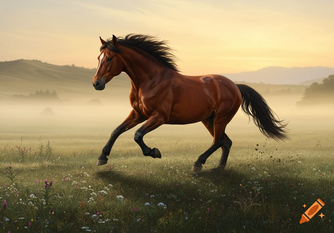 A photorealistic brown horse gallops through a misty, sunlit field at sunset.