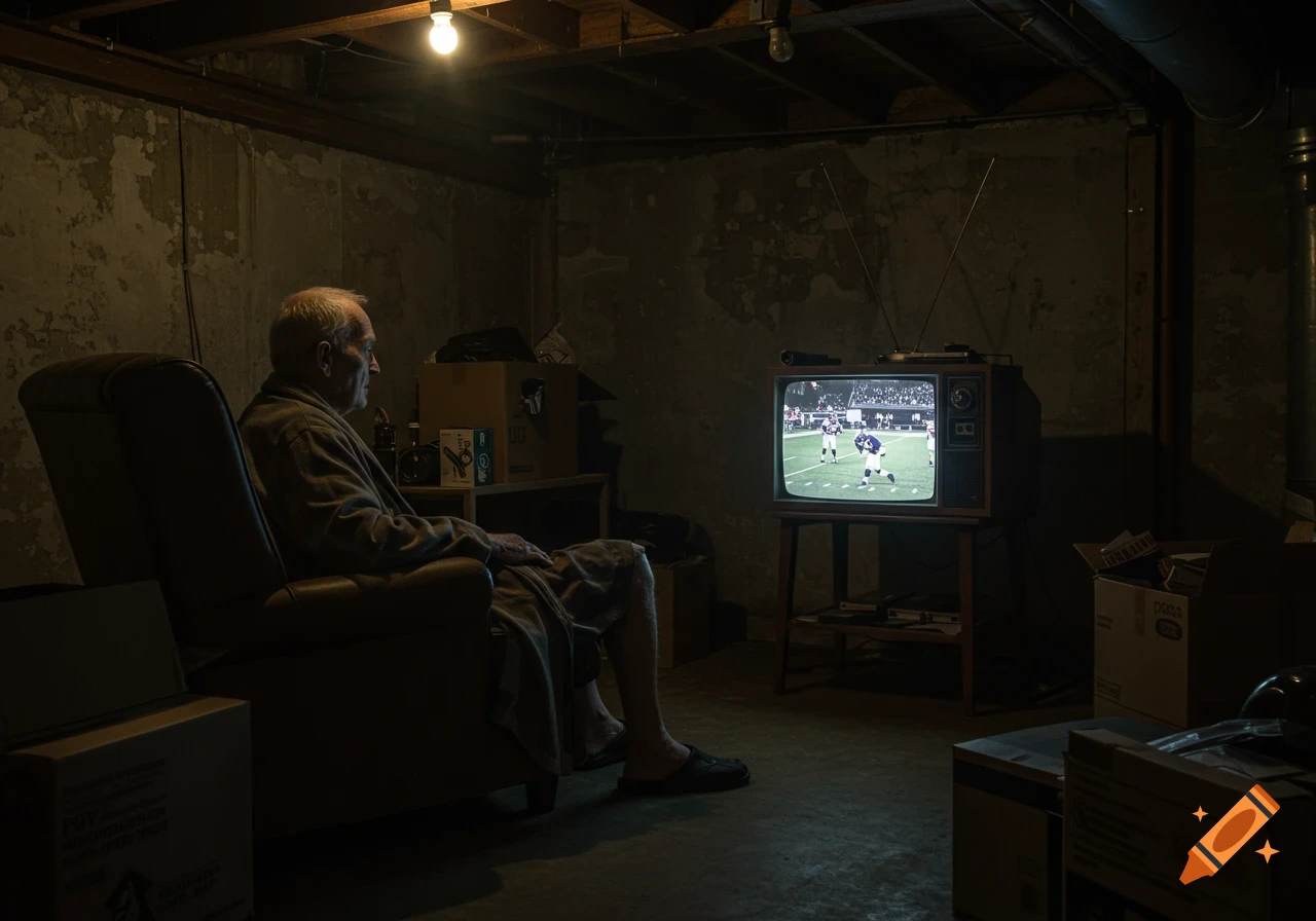 An old man in a bathrobe watches a football game on an old TV in a dark, cluttered basement. Photorealistic.