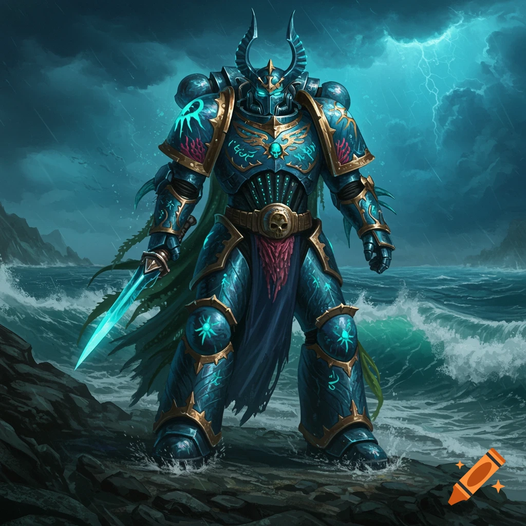 A heavily armored, teal and gold figure with horns and a glowing sword stands on rocks by a stormy ocean under a lightning-filled sky, fantasy art.