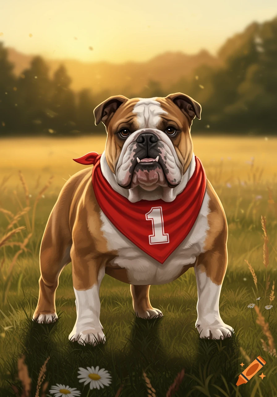 An illustration of an English bulldog wearing a red bandana with the number 1, standing in a sunny grassy field.