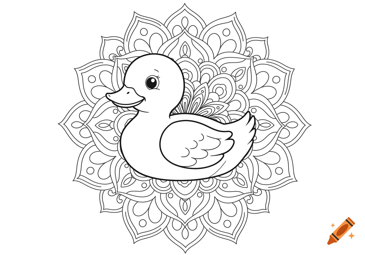 Black and white line drawing of a cute duck centered within an intricate mandala pattern.