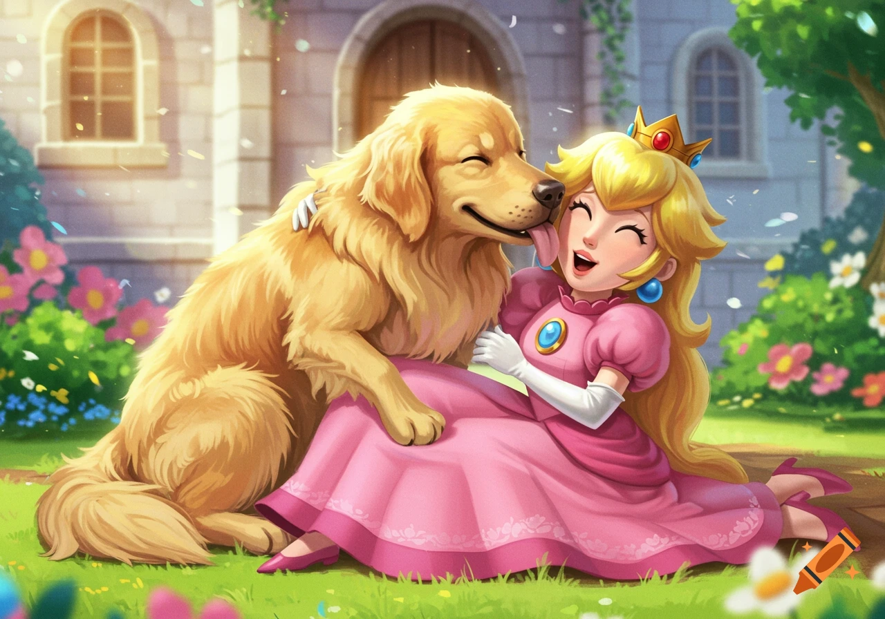 Princess Peach laughing as a Golden Retriever licks her face in a garden outside a castle.