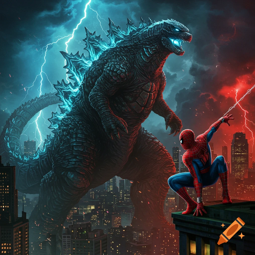 Massive Godzilla and Spider-Man face off in a dramatic, stormy city scene with blue and red lightning.