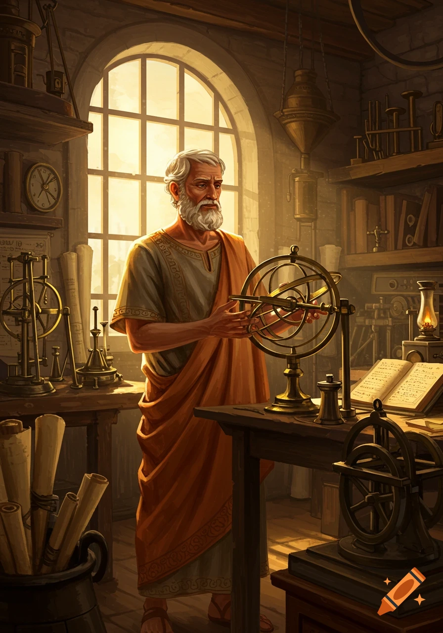 An elderly, bearded scholar in ancient robes works with scientific instruments in a sunlit workshop, surrounded by books and tools.