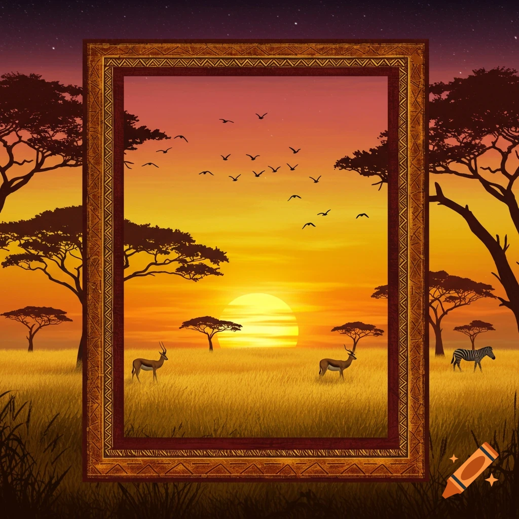 Digital art of a savanna sunset with acacia trees, birds, gazelles, and a zebra, viewed through an ornate frame.