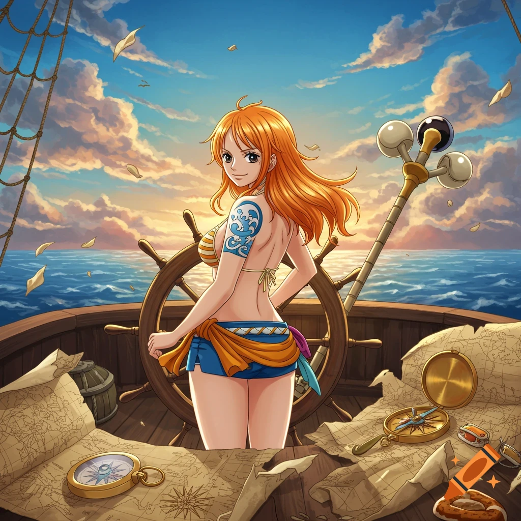Anime character Nami on a pirate ship deck at sunset, with maps and a compass, looking over her shoulder.
