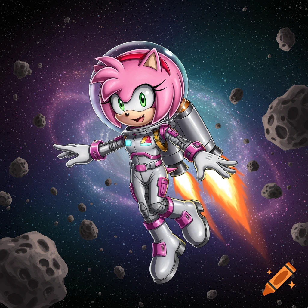Amy Rose from Sonic the Hedgehog in a pink and white spacesuit with a jetpack flies through a vibrant galaxy with asteroids.