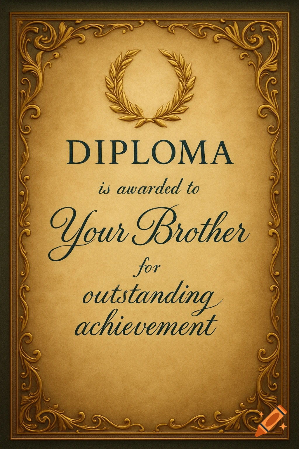 A decorative diploma featuring a gold laurel wreath and text that reads "DIPLOMA is awarded to Your Brother for outstanding achievement".