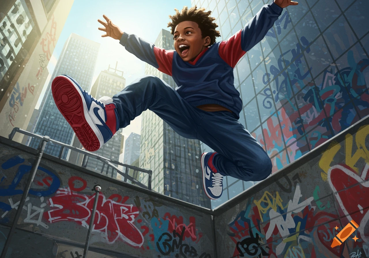 A young Black boy with an excited expression leaps through the air in an urban setting filled with graffiti and tall buildings, wearing sneakers.