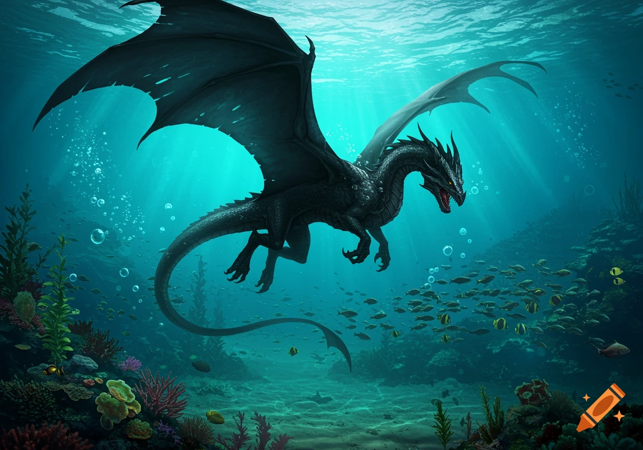 A black dragon with large wings swims underwater amongst fish and coral.