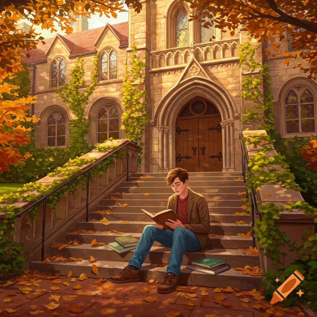 An illustration of a young man reading a book on the steps of a grand university building amidst autumn leaves.
