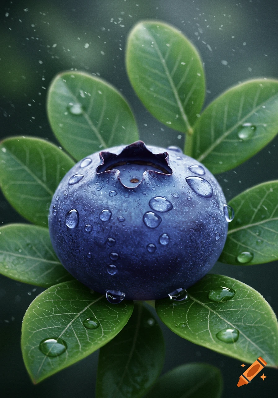 A close-up photorealistic shot of a blueberry covered in water droplets, resting on green leaves.