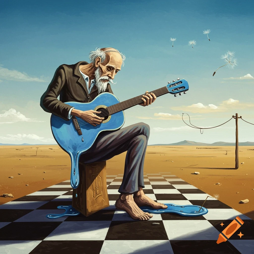 A surreal painting of a bearded old man playing a melting blue guitar in a desert with a chessboard floor.