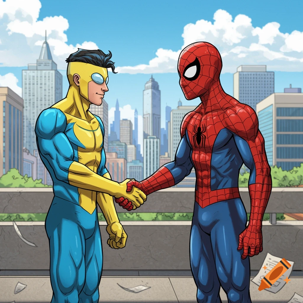 Invincible and Spider-Man in their superhero suits shake hands on a rooftop with a city skyline in the background, in a comic book art style.
