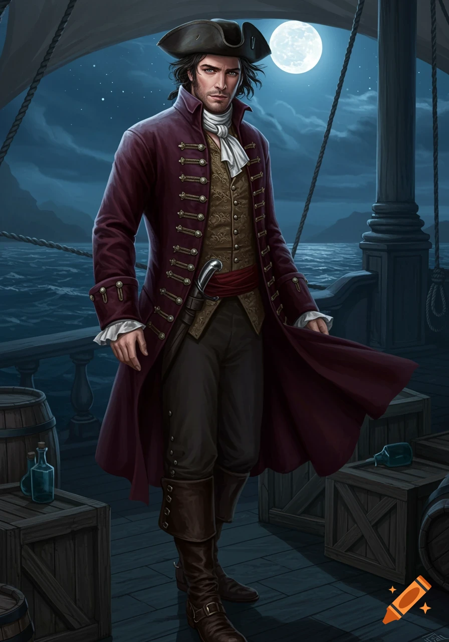 A handsome pirate or smuggler in a long red coat and tricorn hat stands on a ship deck at night under a full moon.