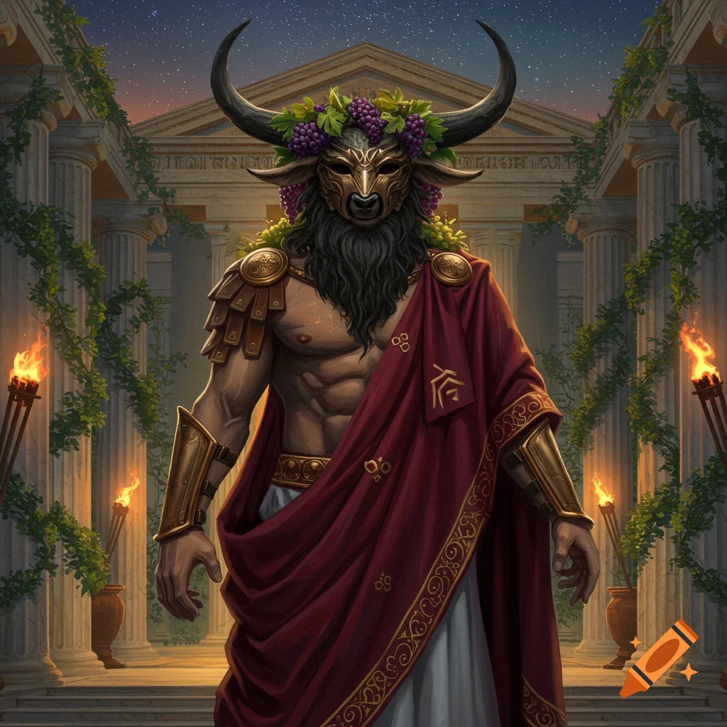 A powerful figure wearing a bull-like mask with grapevines and a red toga stands in front of a Greco-Roman temple at night.