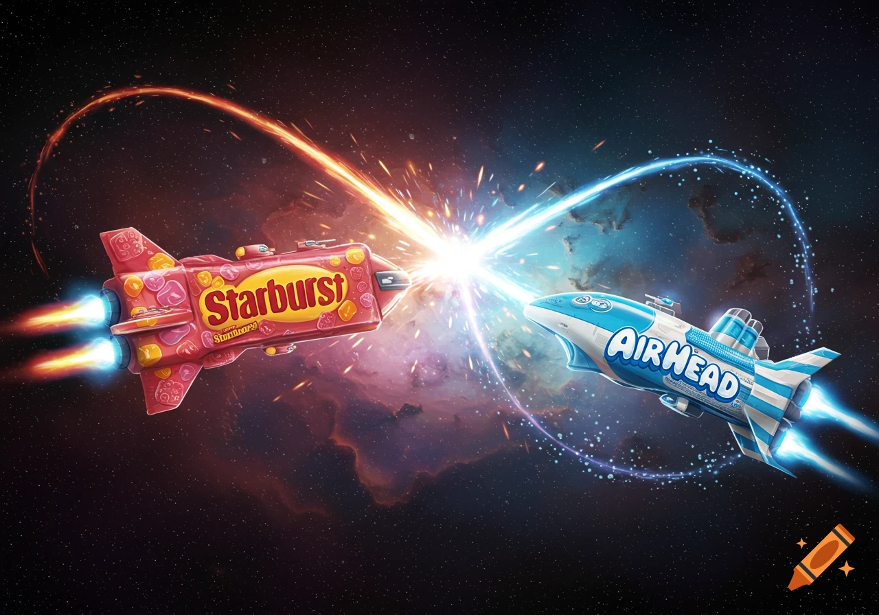 A red Starburst candy spaceship and a blue Airhead candy spaceship battle in space, firing energy beams.
