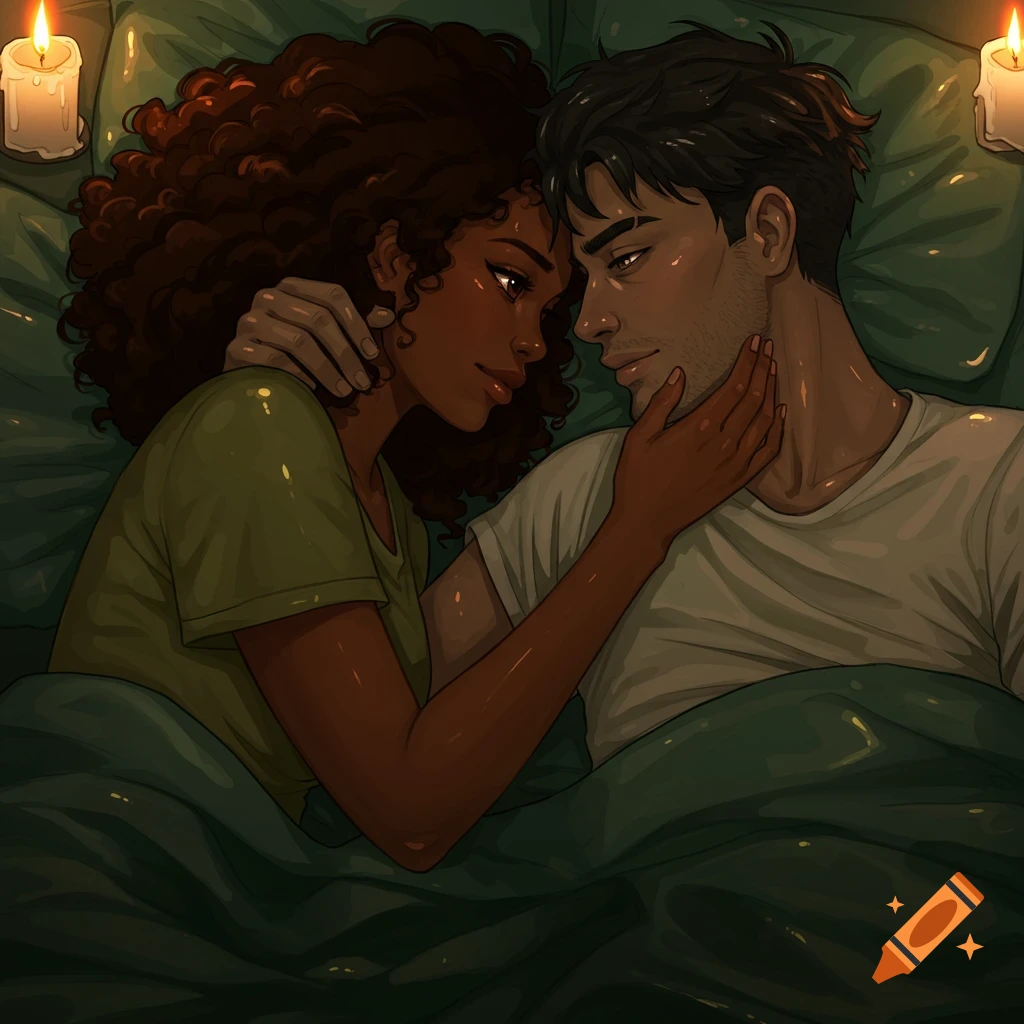 An intimate jelly art illustration of a man and woman cuddling in bed by candlelight.