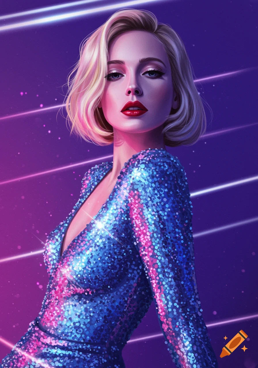 A blonde woman with red lipstick in a sparkling blue and pink sequin dress, against a purple background with neon lines, digital art.