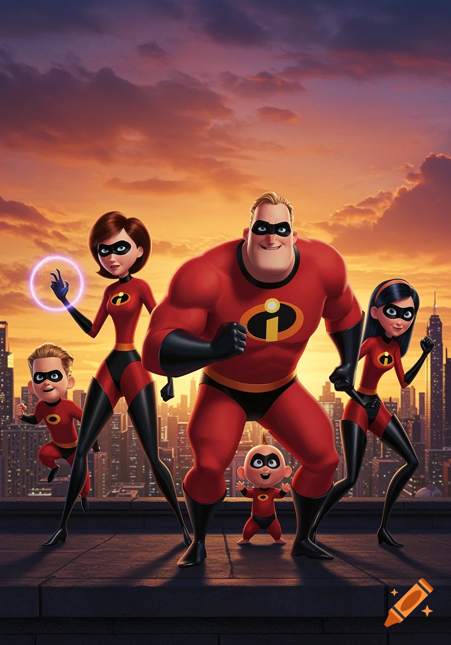 The Incredibles family of superheroes in their red suits, standing on a rooftop with a city skyline and orange sunset behind them.