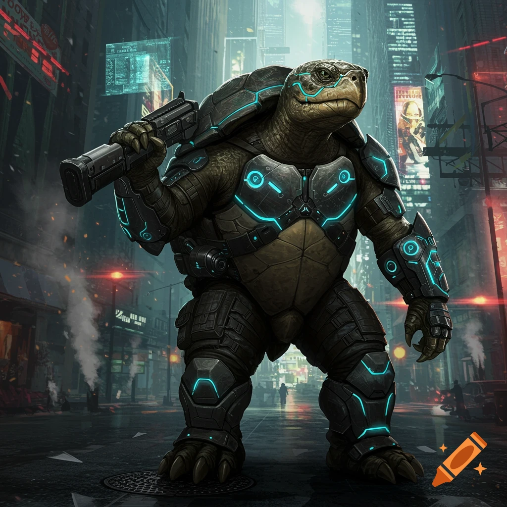 A heavily armored bipedal turtle warrior with glowing blue accents holds a rifle in a dark, rainy cyberpunk city.