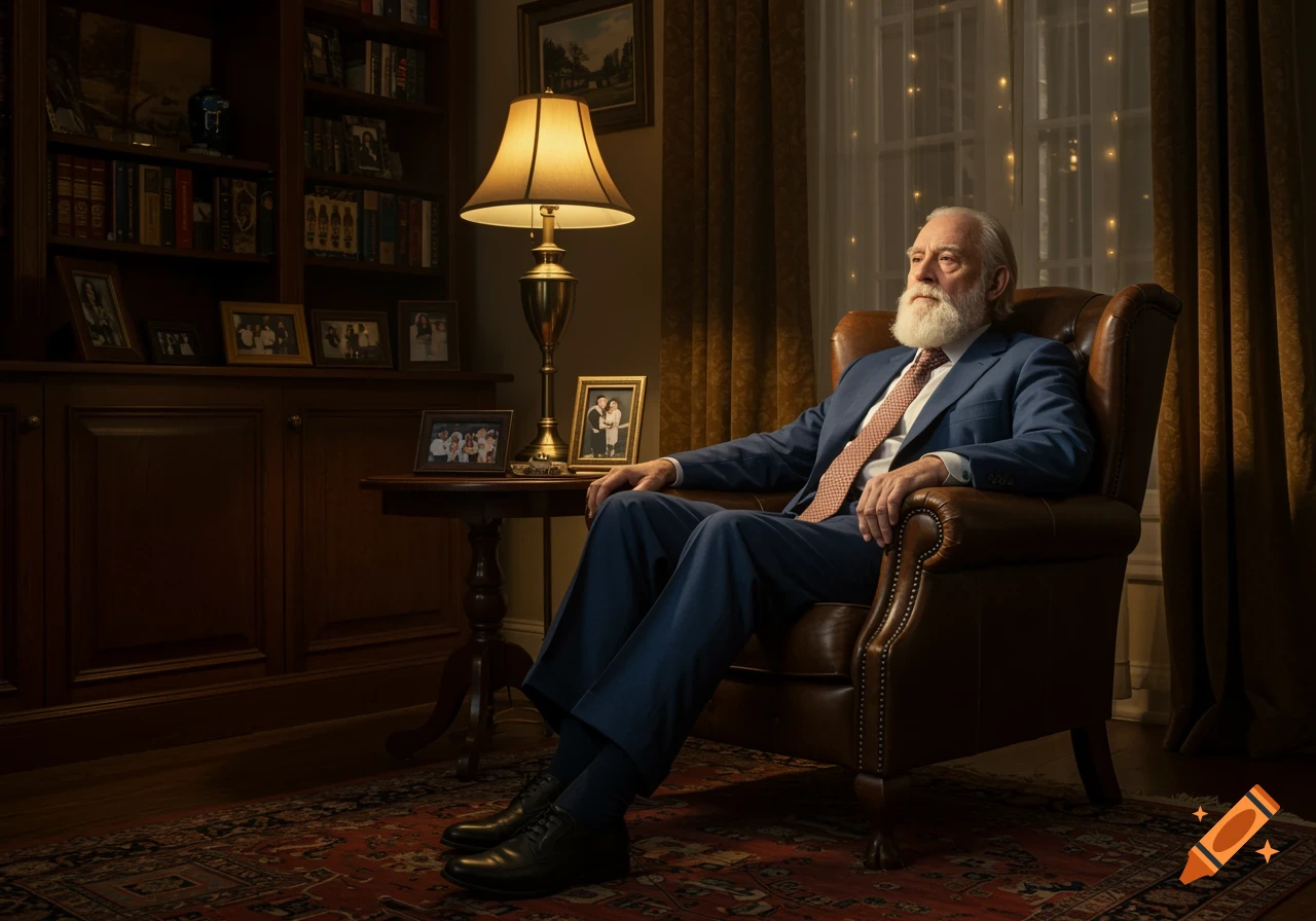 A distinguished older man with a white beard sits in a leather armchair in a dimly lit library, looking thoughtfully to the side.