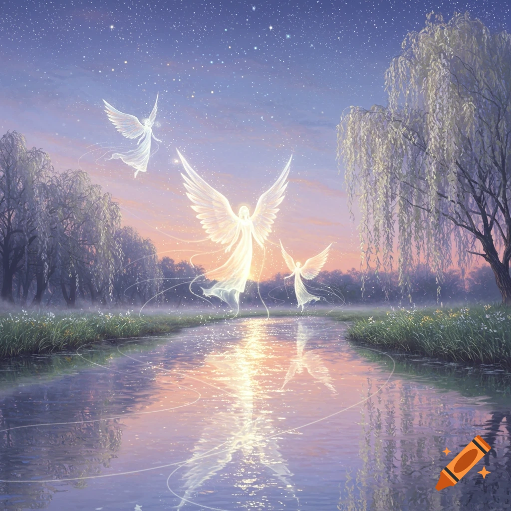 Ethereal angels with large wings float above a reflective river at dusk, flanked by trees under a starry sky.