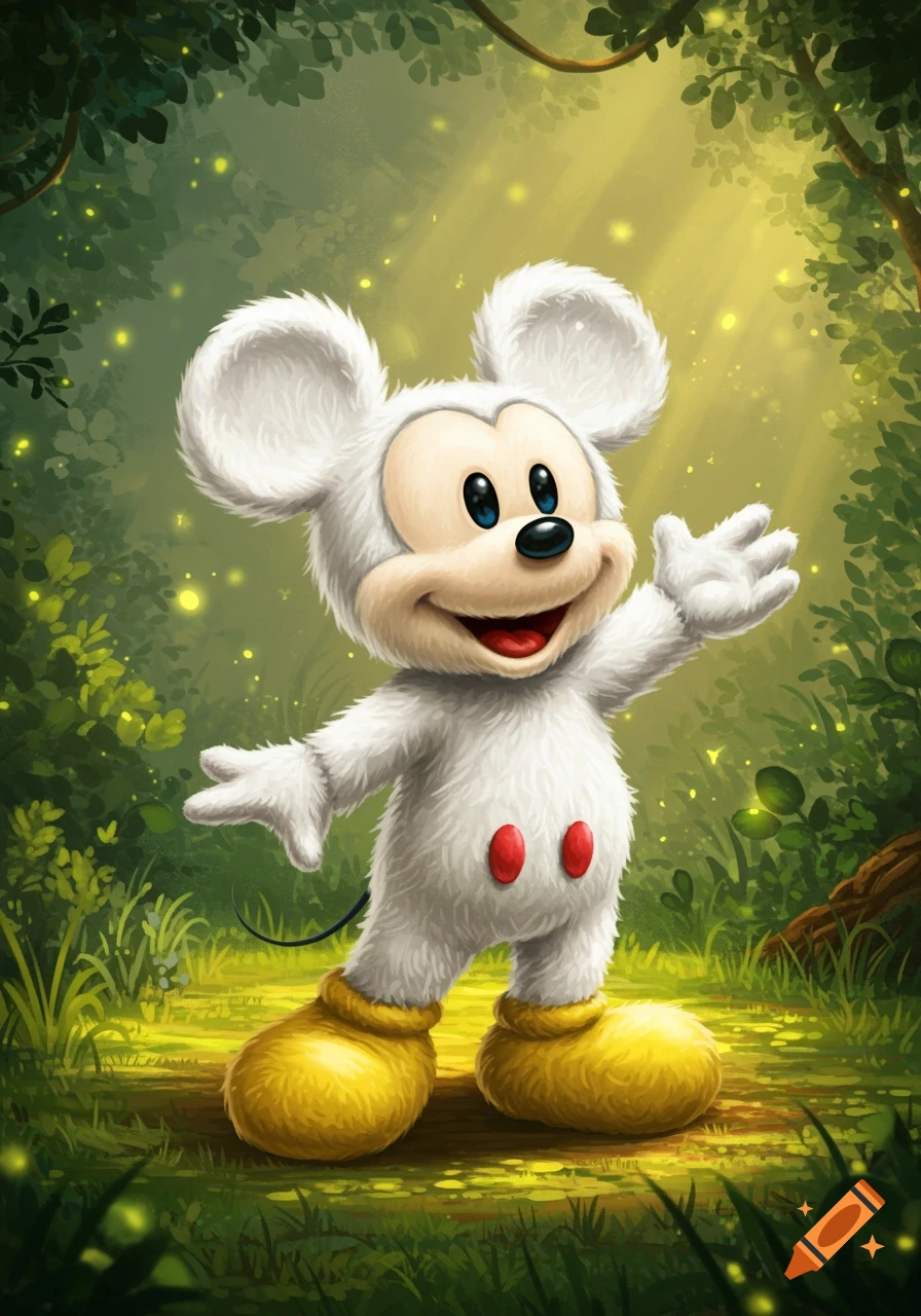 A white-furred Mickey Mouse in yellow shoes smiles and waves in a whimsical forest with sunlight and glowing fireflies, detailed illustration.