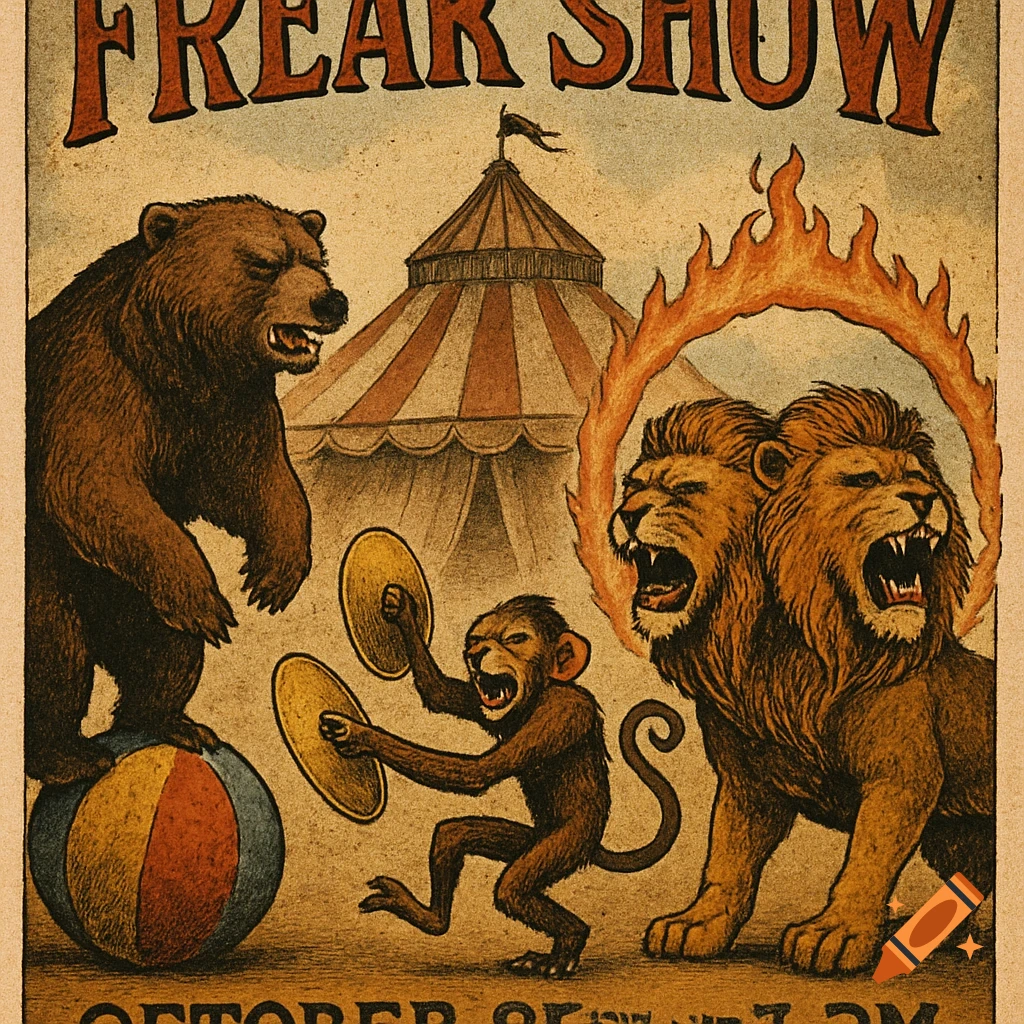 A vintage style circus poster for a "Freak Show" featuring a bear on a ball, a monkey with cymbals, and a two-headed lion in a ring of fire, with a circus tent in the background.