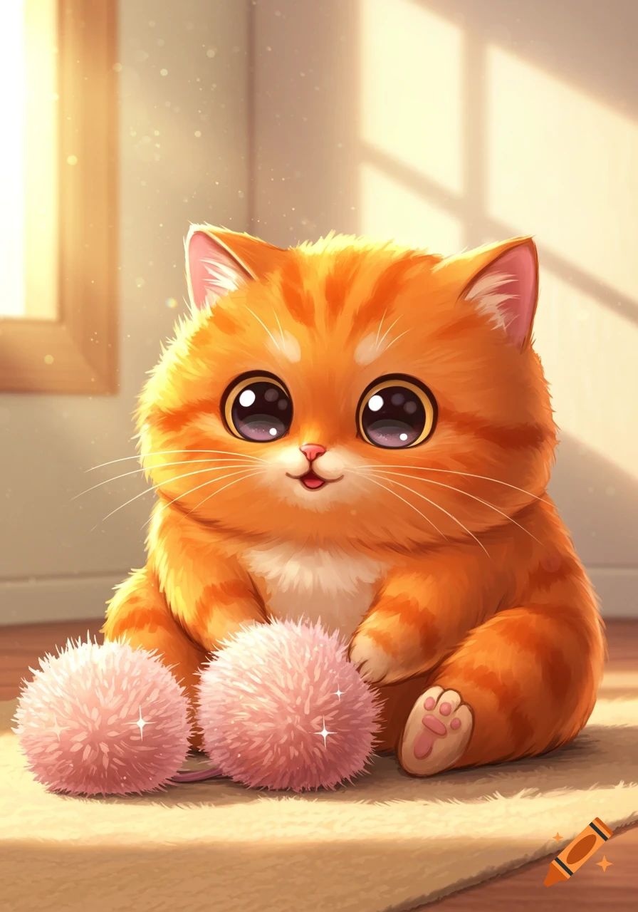 A fluffy orange cartoon cat with big eyes sits next to two pink pom-poms.