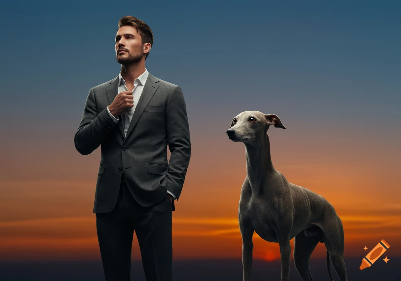A man in a suit and a greyhound dog stand against a sunset gradient sky, photorealistic style.